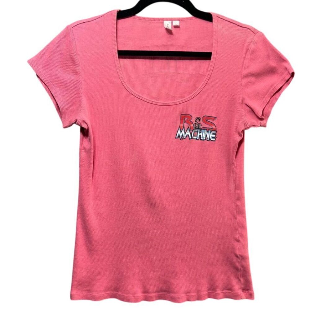Vintage‎ Y2K Baby Tee Pink Ribbed Cotton T-Shirt Large Automotive Graphic Racing